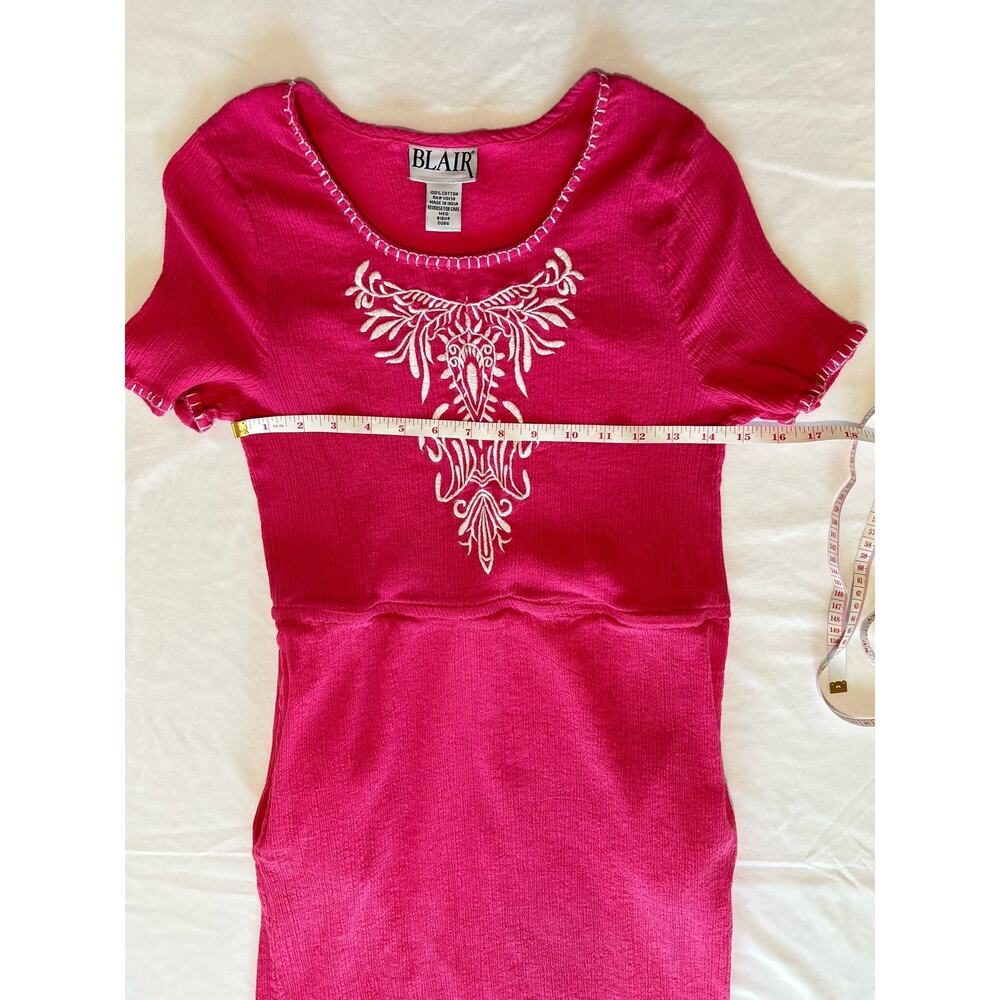 Blair Vintage Embroidered Midi Pink Crinkle Dress Size Medium Summer Beach - Picture 6 of 9